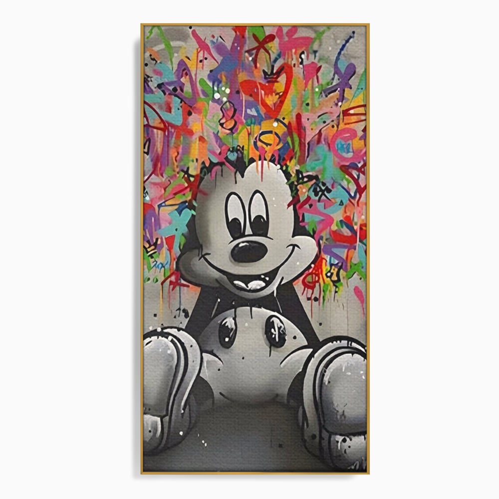 Tablou canvas cu tablou canvas cu mickey mouse colorat, in rama de aluminiu auriu
